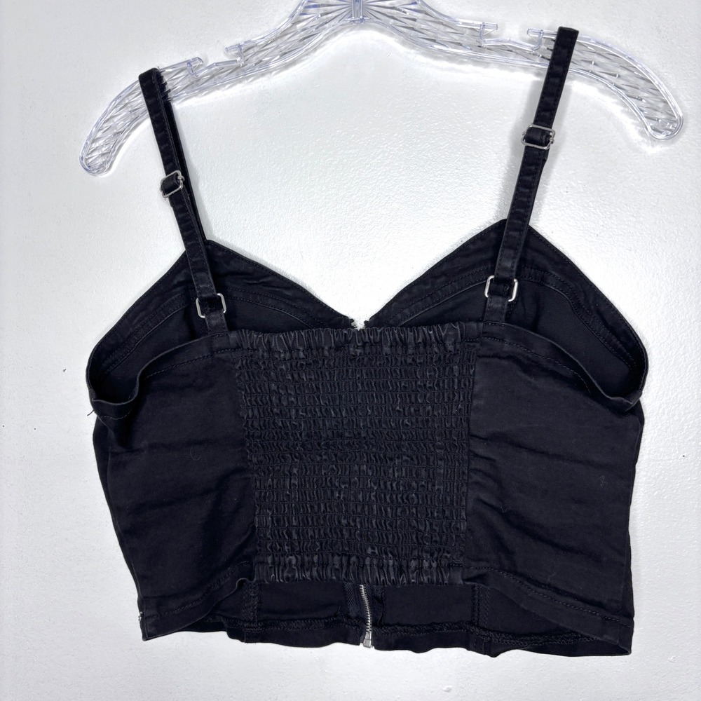 Guess Crop Top Bustier XL Black Cami Denim Zip Front Smocked Back Minimalist - Picture 2 of 9